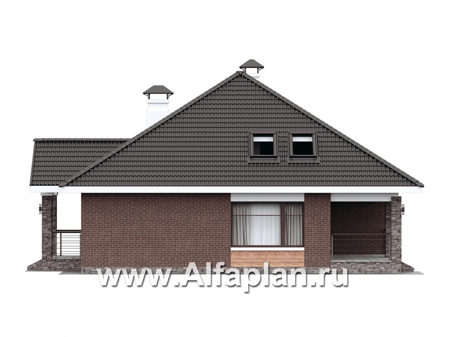 Проекты домов Альфаплан - "Перспектива" - проект дома с мансардой, с террасой, с мансардными окнами, в современном стиле - изображение фасада №2