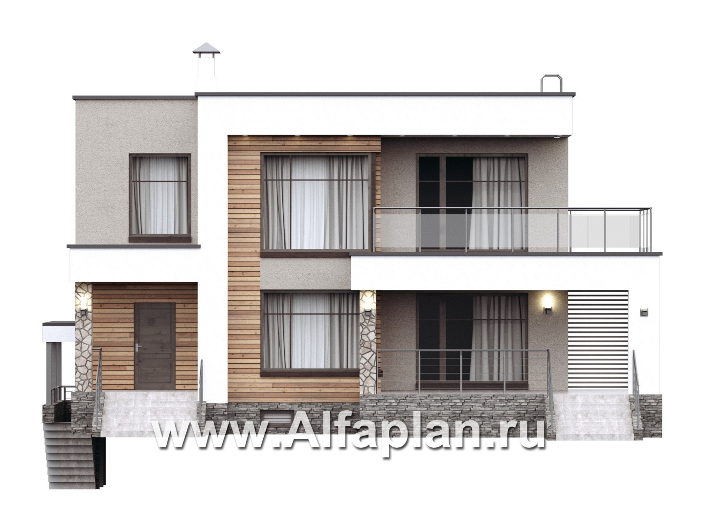Проекты домов Альфаплан - «Серотонин» - проект современного хай-тек дома с плоской кровлей и цокольным этажом - изображение фасада №1