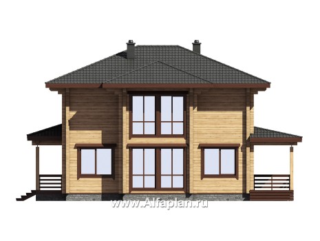Проект двухэтажного дома из клееного бруса, планировка с гостевой на 1 эт, с террасой - превью фасада дома