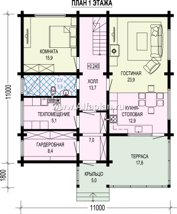 Проекты домов Альфаплан - Двухэтажный дом из клееного бруса - превью плана проекта №1