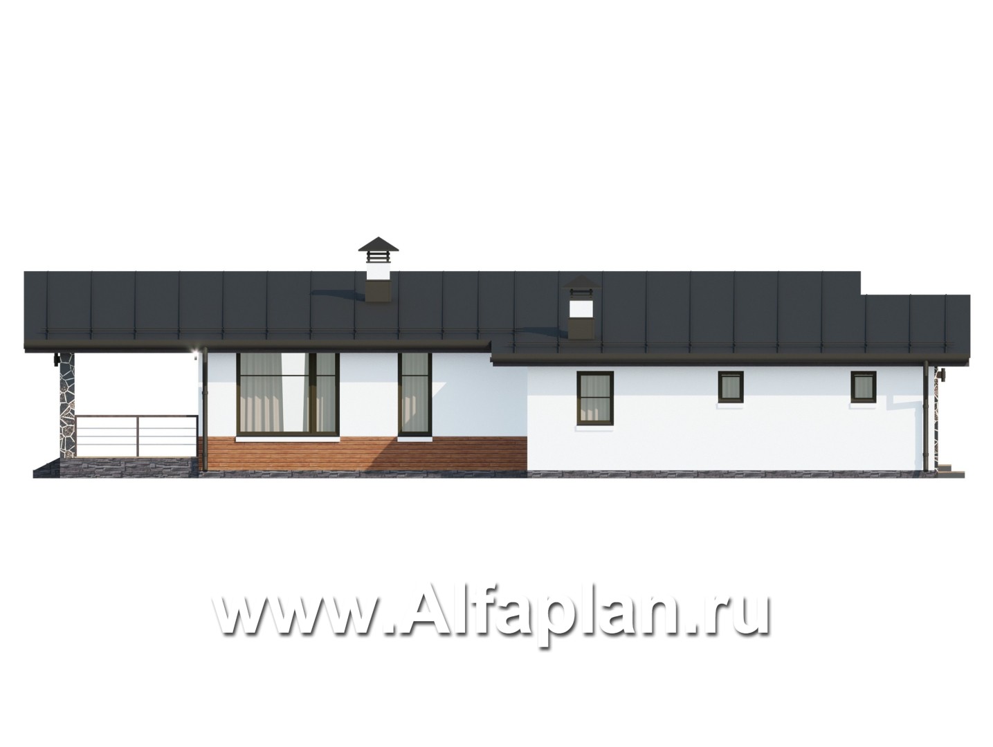 «Свежесть» - проект одноэтажного дома из газобетона, с террасой и с гаражом, с односкатной крышей - фасад дома