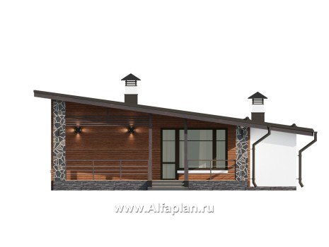 «Свежесть» - проект одноэтажного дома из газобетона, с террасой и с гаражом, с односкатной крышей - превью фасада дома