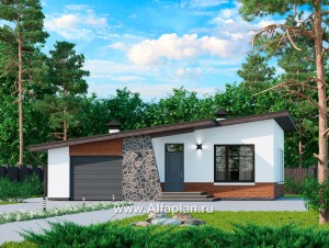 «Свежесть» - проект одноэтажного дома из газобетона, с террасой и с гаражом, с односкатной крышей