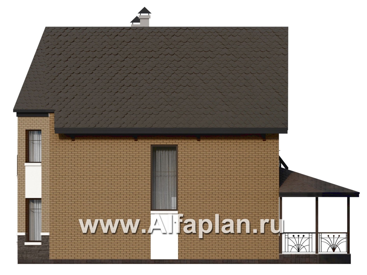 «Аврора» - проект двухэтажного дома из газобетона с эркером, с кабинетом и с террасой - фасад дома