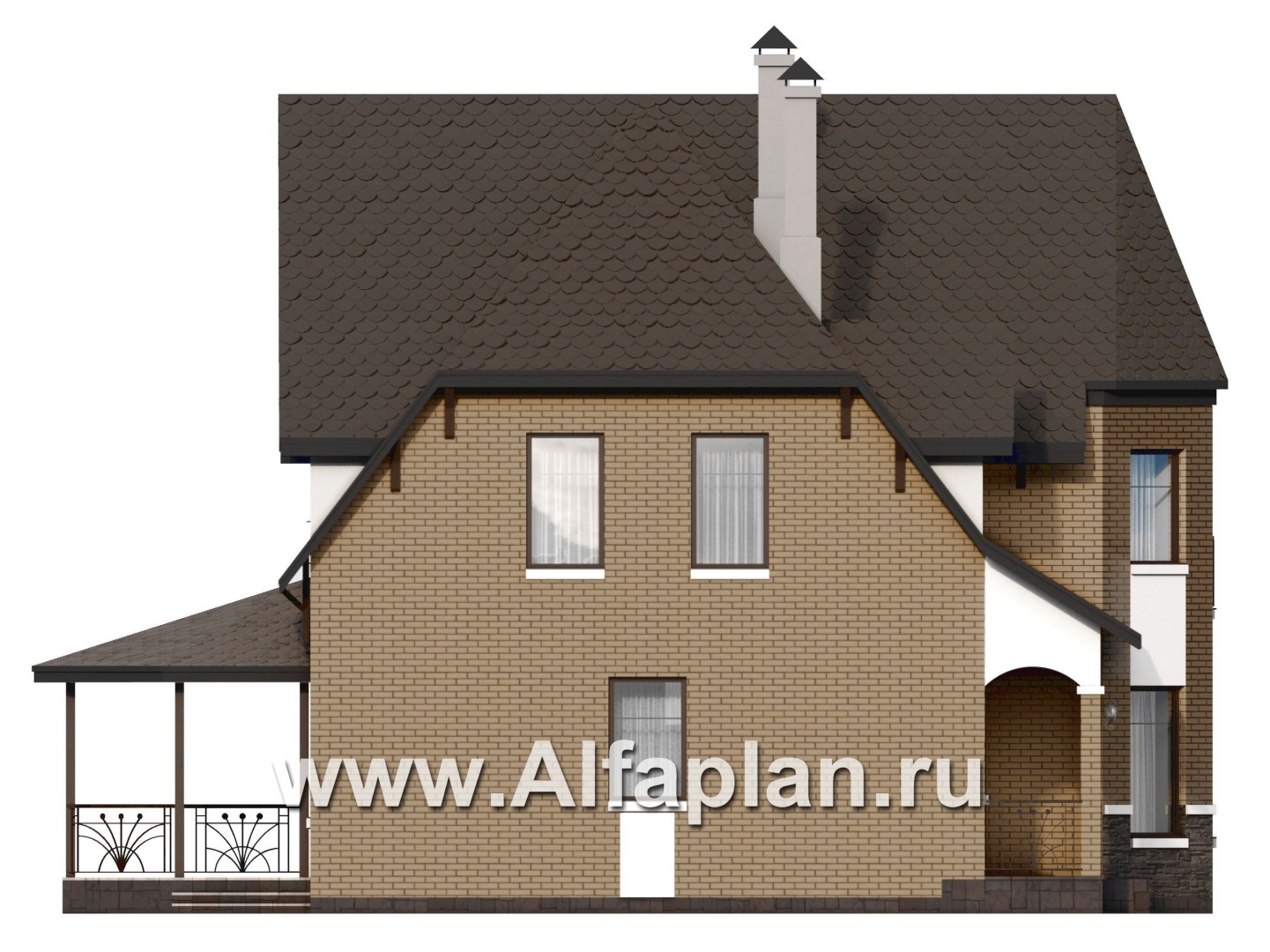 «Аврора» - проект двухэтажного дома из газобетона с эркером, с кабинетом и с террасой - фасад дома