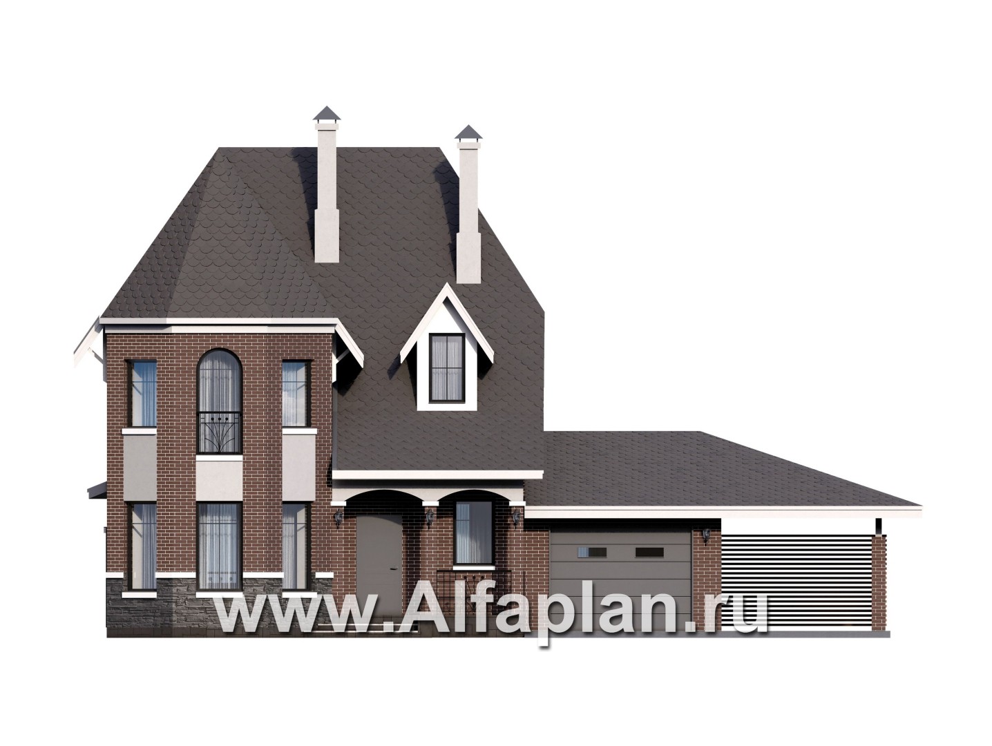 «Аврора» - проект двухэтажного дома из газобетона с эркером, с кабинетом, с террасой и гаражом - фасад дома