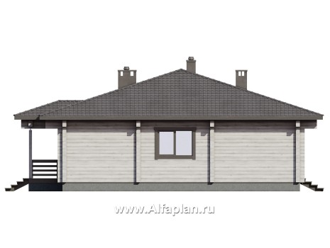 Проект одноэтажного коттеджа из бруса, 3 спальни, дача с террасой - превью фасада дома