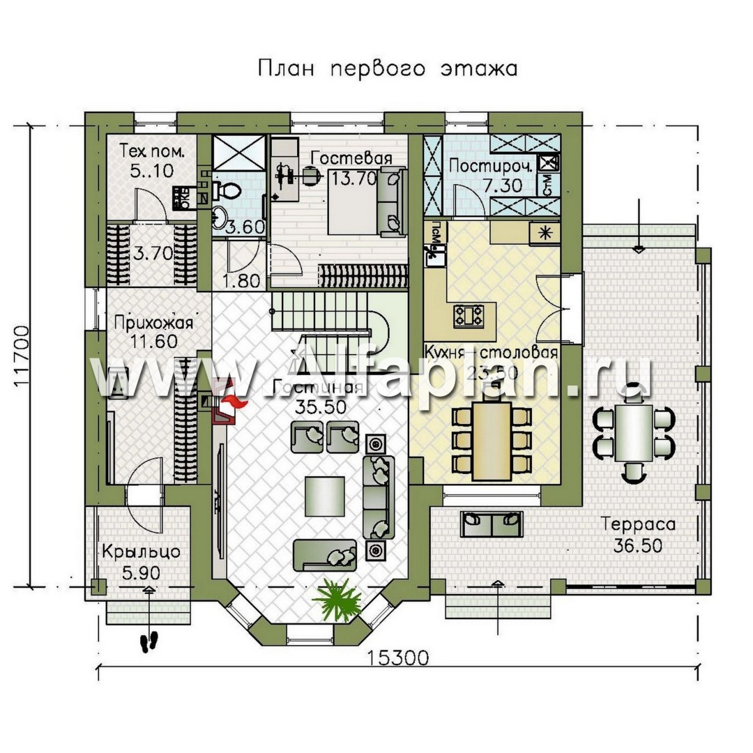 Проекты домов Альфаплан - "Вермеер" - проект двухэтажного дома с эркером и лестницей в гостиной - изображение плана проекта №1