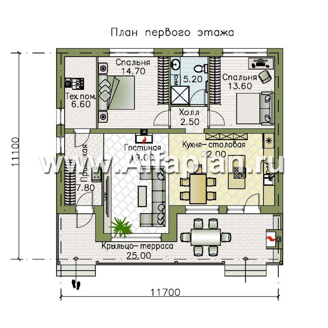 «Талисман» - проект одноэтажного дома с террасой, с односкатной кровлей,  2 спальни - план дома