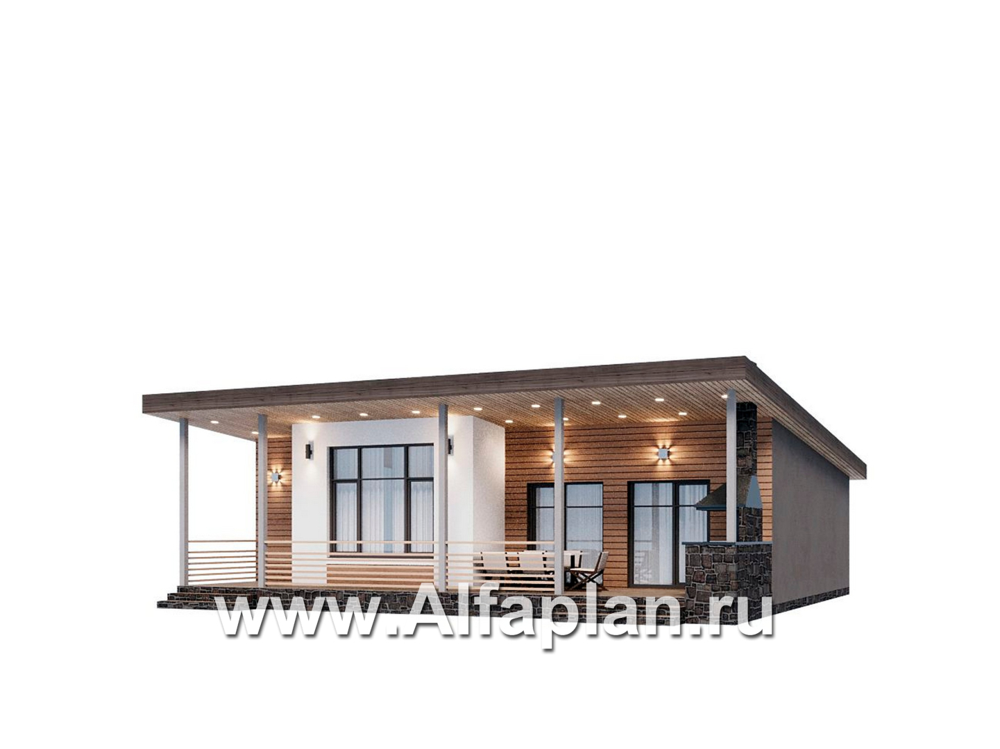 «Талисман» - проект одноэтажного дома с террасой, с односкатной кровлей,  2 спальни - дизайн дома №1
