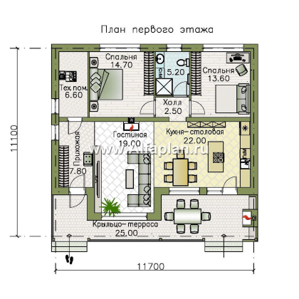 «Талисман» - проект одноэтажного дома с террасой, с односкатной кровлей,  2 спальни - превью план дома