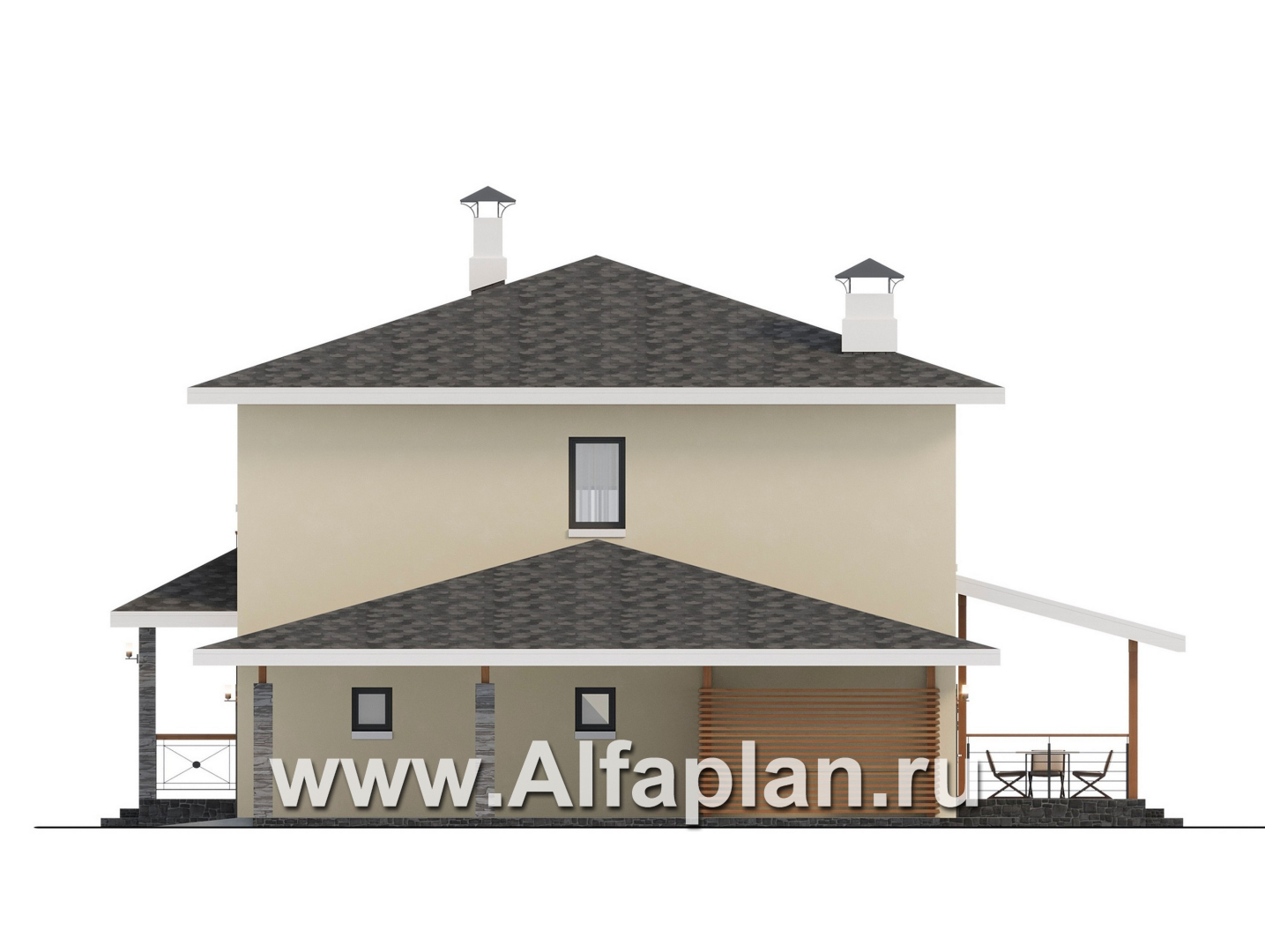 Проекты домов Альфаплан - "Остров сокровищ" - проект экономичного дома с гаражом и навесом для автомобилей - изображение фасада №2