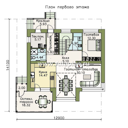 «Регата» - красивый проект дома с мансардой, планировка с мастер спальней, двусветная столовая - превью план дома