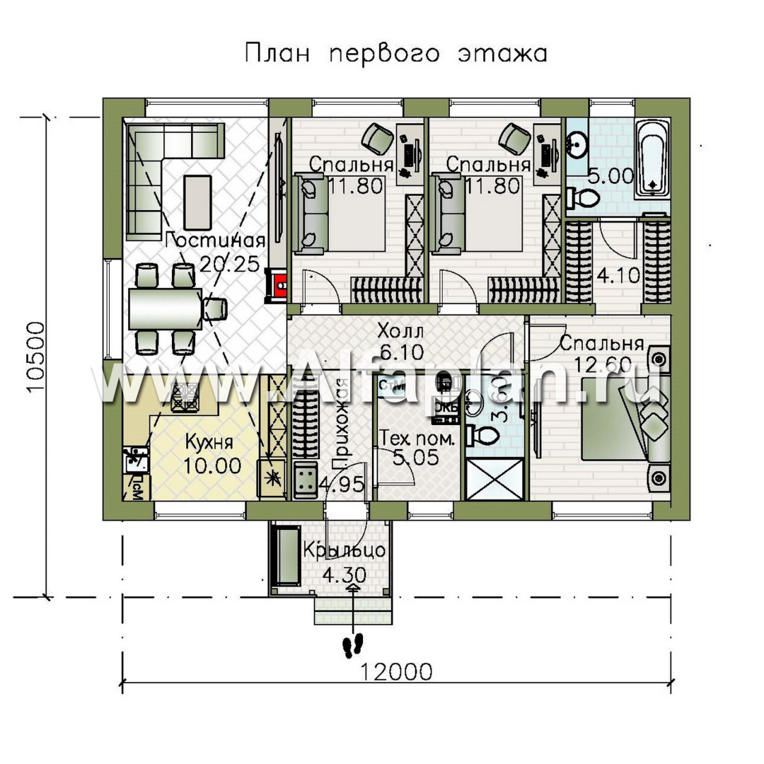 Проекты домов Альфаплан - "Пикколо" - экономичный одноэтажный коттедж из гзобетонных блоков - план проекта №1