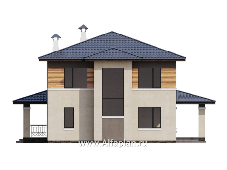 Проекты домов Альфаплан - "Монтана" - проект двухэтажного дома из кирпичей в стиле прерий (Райта) - превью фасада №4