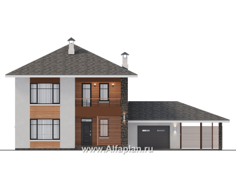 Проекты домов Альфаплан - "Вуокса" - современный двухэтажный коттедж, штукатурные фасады, с гаражом - превью фасада №1