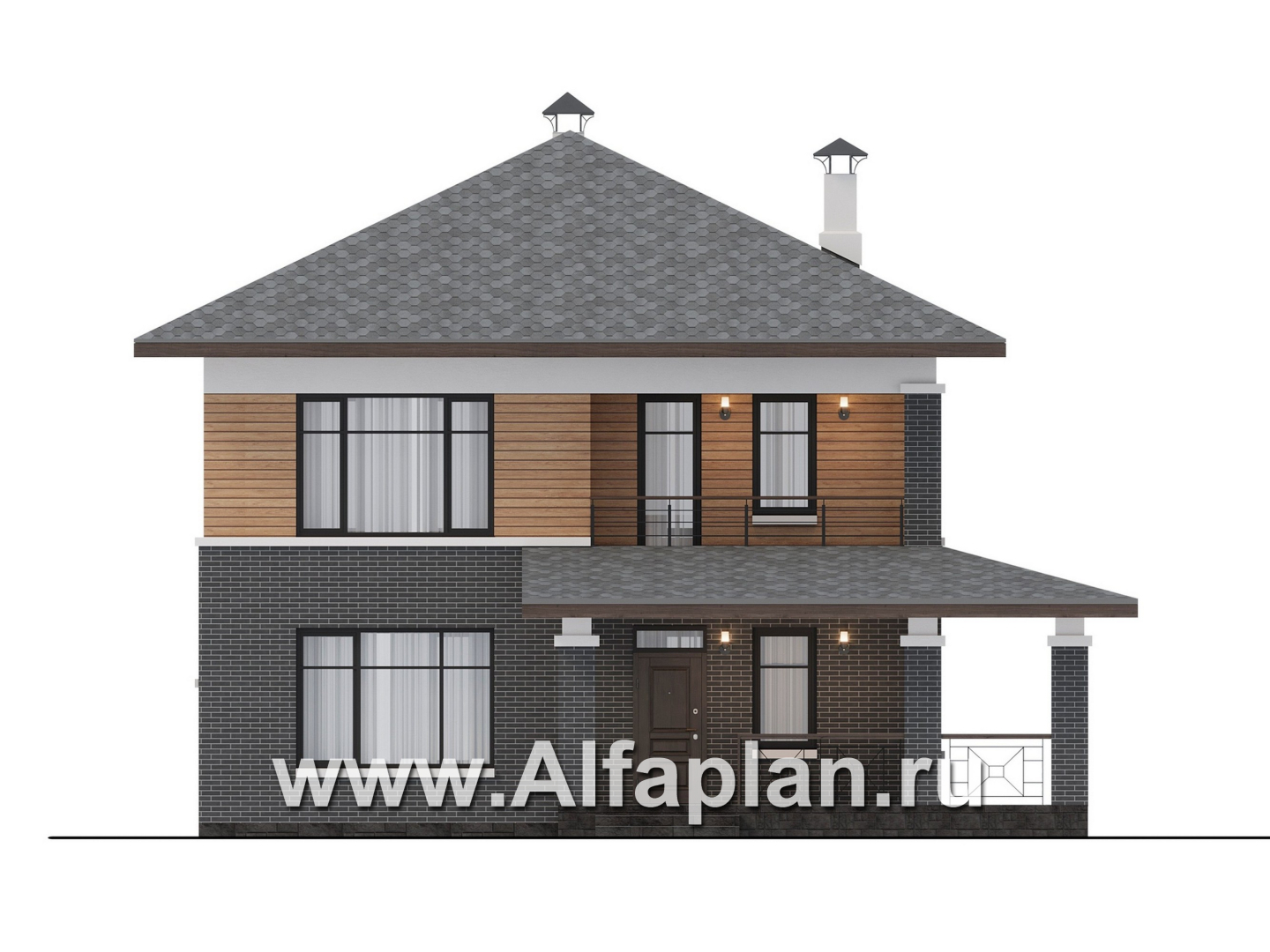 Проекты домов Альфаплан - "Отрадное" - дизайн дома в стиле Райта, с террасой на главном фасаде - изображение фасада №1
