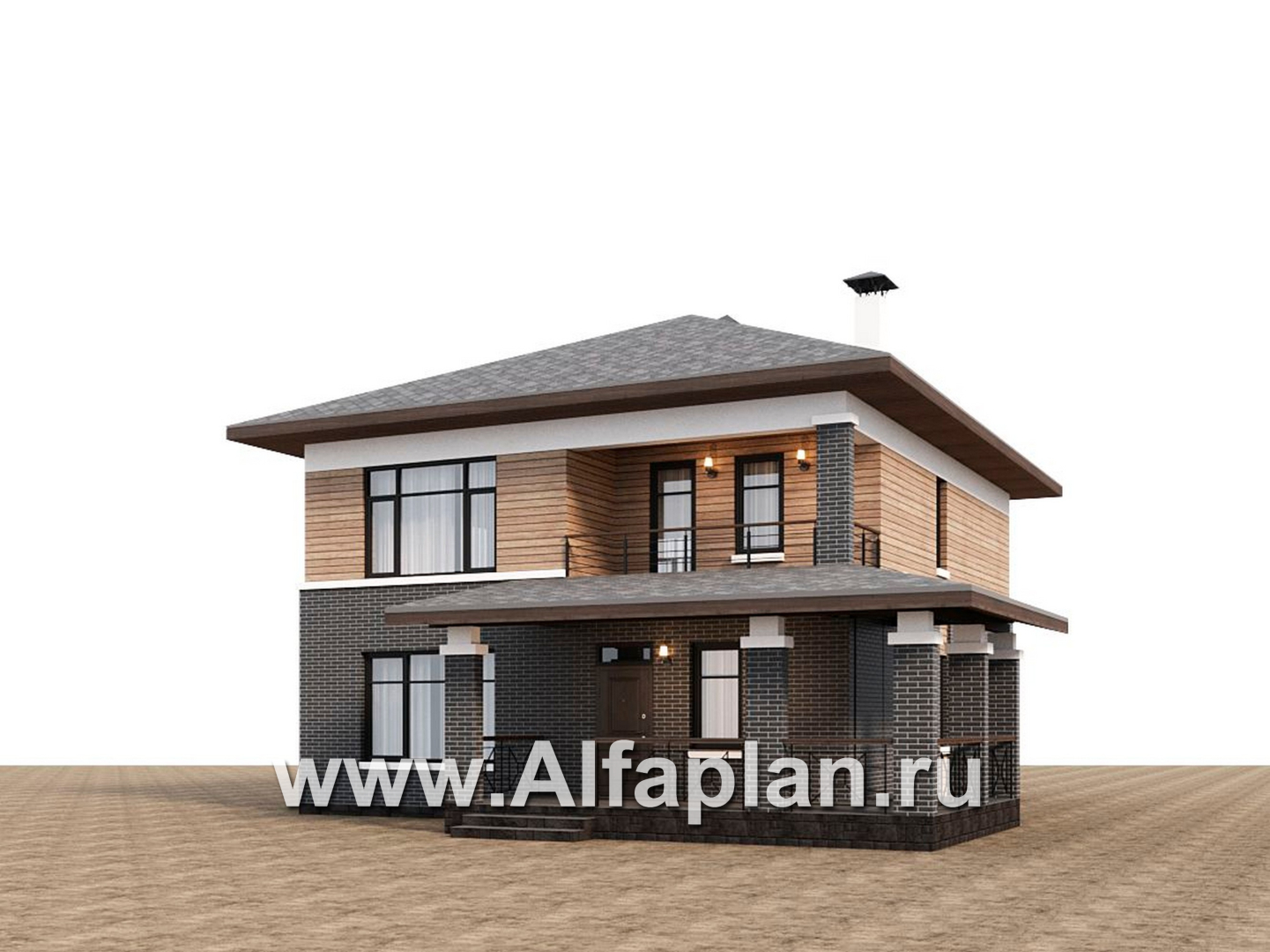 Проекты домов Альфаплан - "Отрадное" - дизайн дома в стиле Райта, с террасой на главном фасаде - дополнительное изображение №1