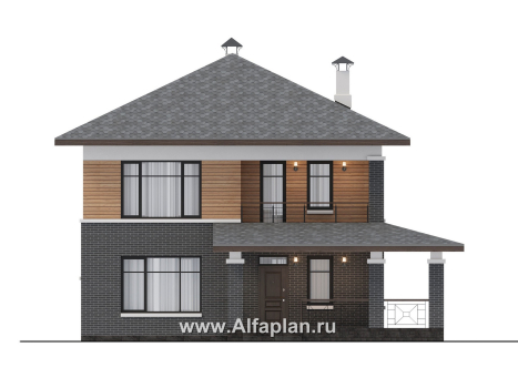 Проекты домов Альфаплан - "Отрадное" - дизайн дома в стиле Райта, с террасой на главном фасаде - превью фасада №1