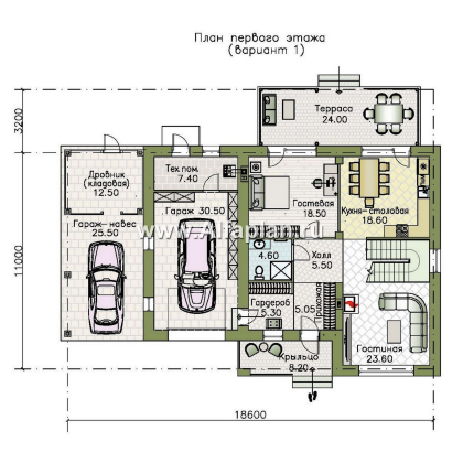Проекты домов Альфаплан - "Вуокса" - современный двухэтажный коттедж, штукатурные фасады, с гаражом - превью плана проекта №1