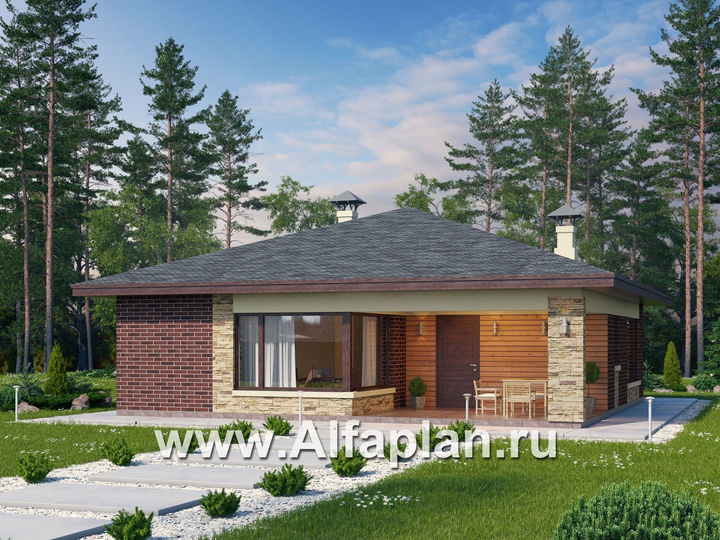 Проекты домов Альфаплан - «Дега» - проект одноэтажного дома из газобетона, с террасой - основное изображение
