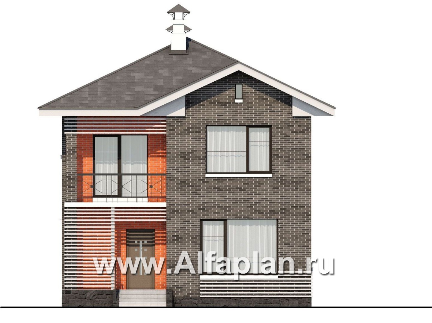 Проекты домов Альфаплан - Проект двухэтажного дома из кирпича «Серебро» для небольшой семьи - изображение фасада №1