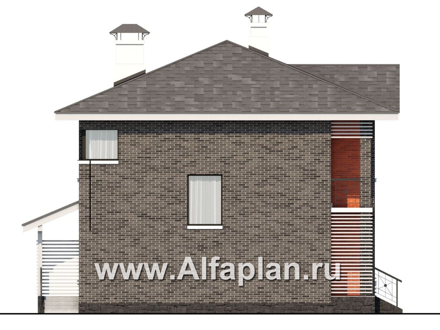 Проекты домов Альфаплан - Проект двухэтажного дома из кирпича «Серебро» для небольшой семьи - изображение фасада №3