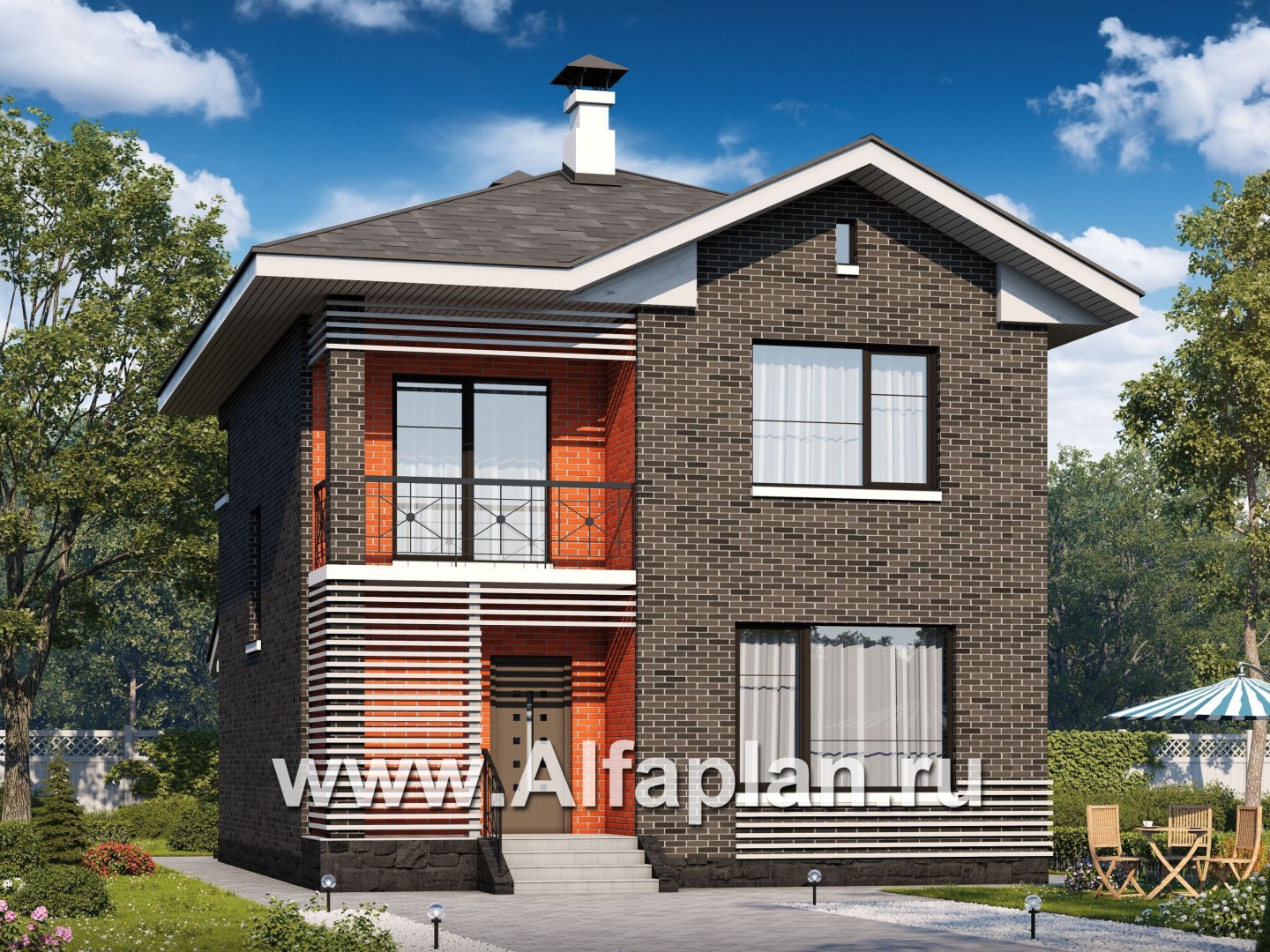 Проекты домов Альфаплан - Проект двухэтажного дома из кирпича «Серебро» для небольшой семьи - основное изображение