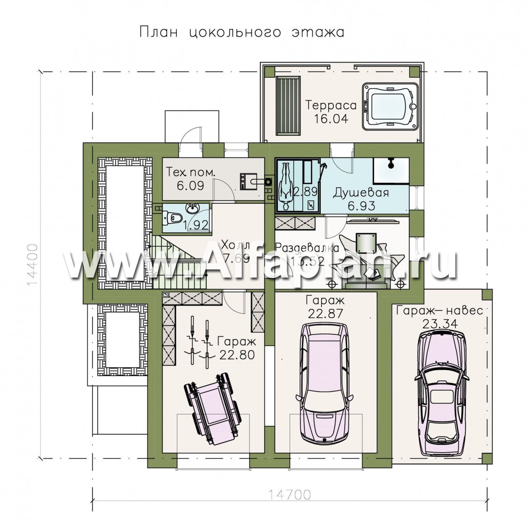 Проекты домов Альфаплан - «Линия горизонта» - современный коттедж с гаражом в цоколе - план проекта №1