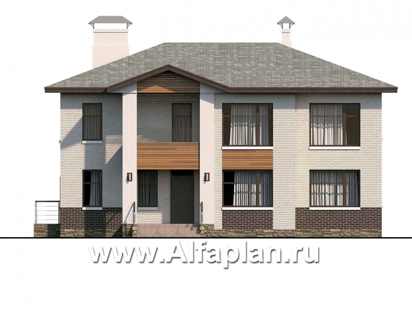 Проекты домов Альфаплан - «Высшая лига» - проект двухэтажного дома, с 2-я спальнями на 1эт, с балконом - изображение фасада №1