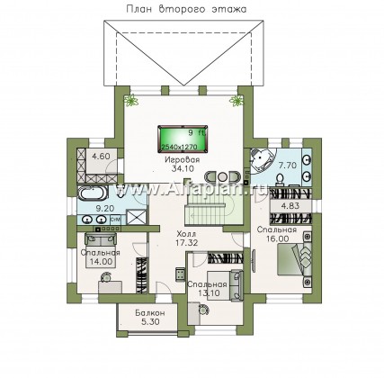 Проекты домов Альфаплан - «Высшая лига» - проект двухэтажного дома, с 2-я спальнями на 1эт, с балконом - превью плана проекта №2