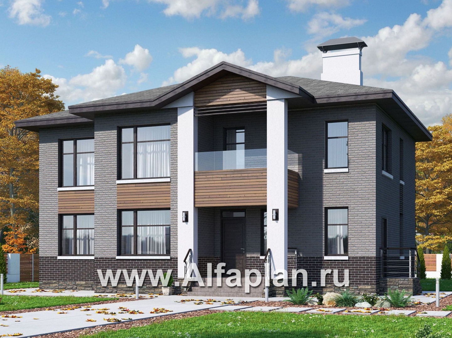 Проекты домов Альфаплан - «Высшая лига» - проект двухэтажного дома, с 2-я спальнями на 1эт, с игровой - основное изображение