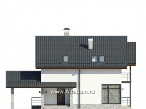 Проект дома с мансардой, с террасой и навесом на 1 авто, в современном стиле - превью фасада дома