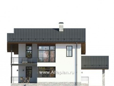 Проект дома с мансардой, с террасой и навесом на 1 авто, в современном стиле - превью фасада дома