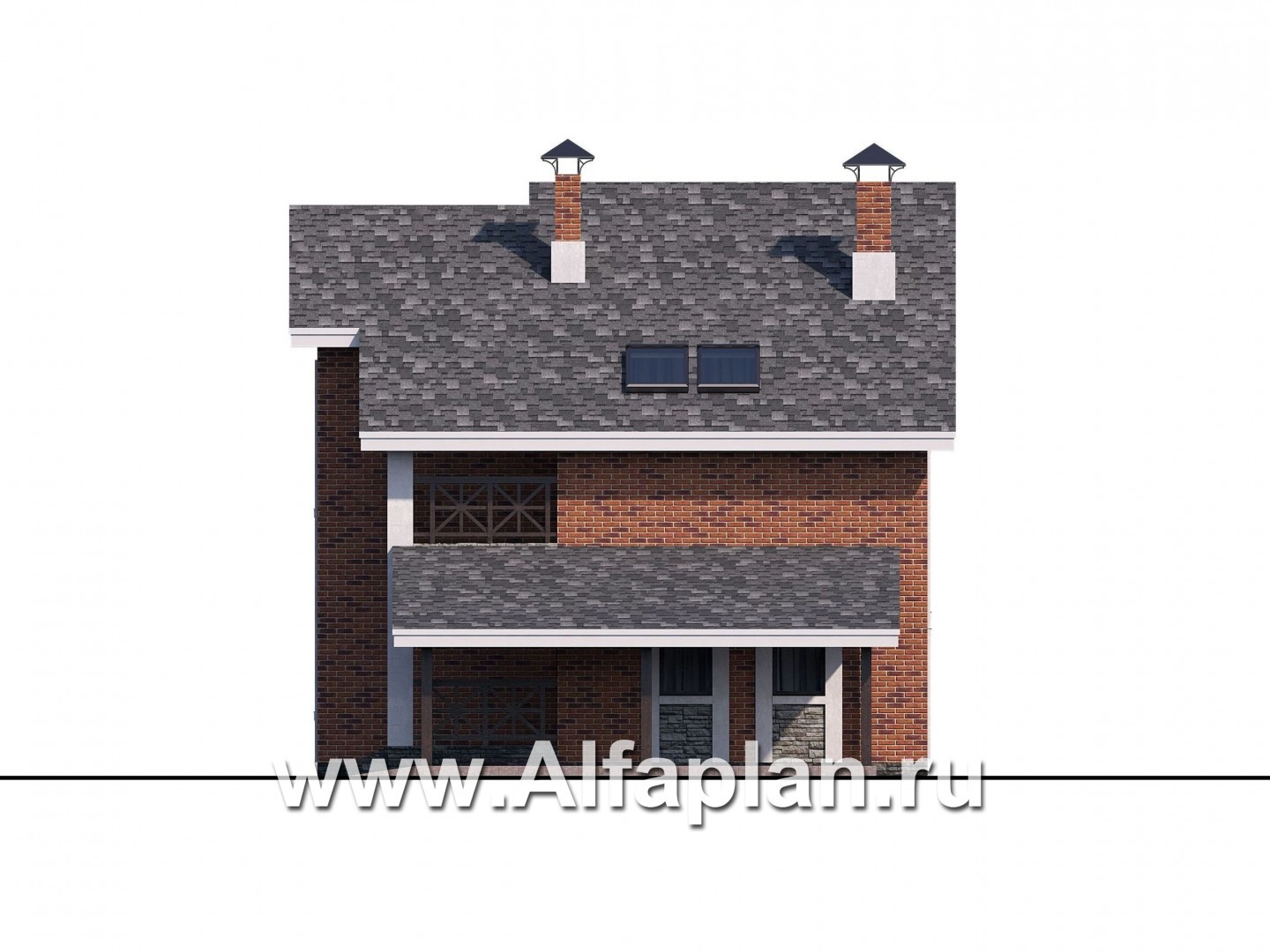 Проекты домов Альфаплан - «Ижора» - проект дома с мансардой, с террасой, навесом для авто, с двускатной кровлей - изображение фасада №2