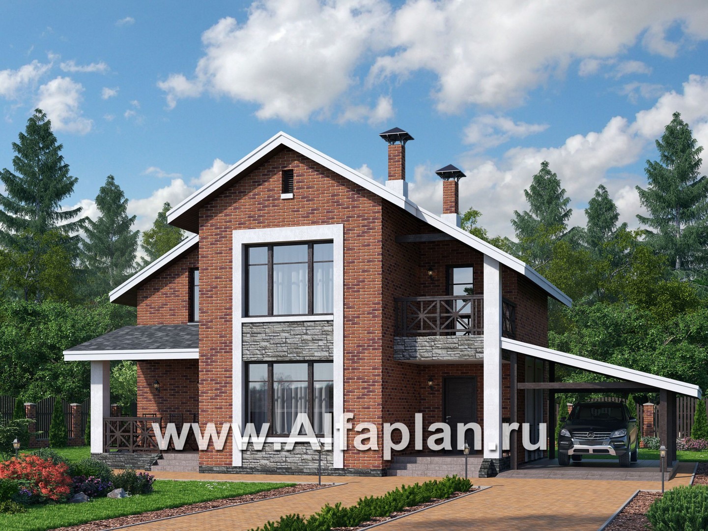 Проекты домов Альфаплан - «Ижора» - проект дома с мансардой, с террасой, навесом для авто, с двускатной кровлей - основное изображение