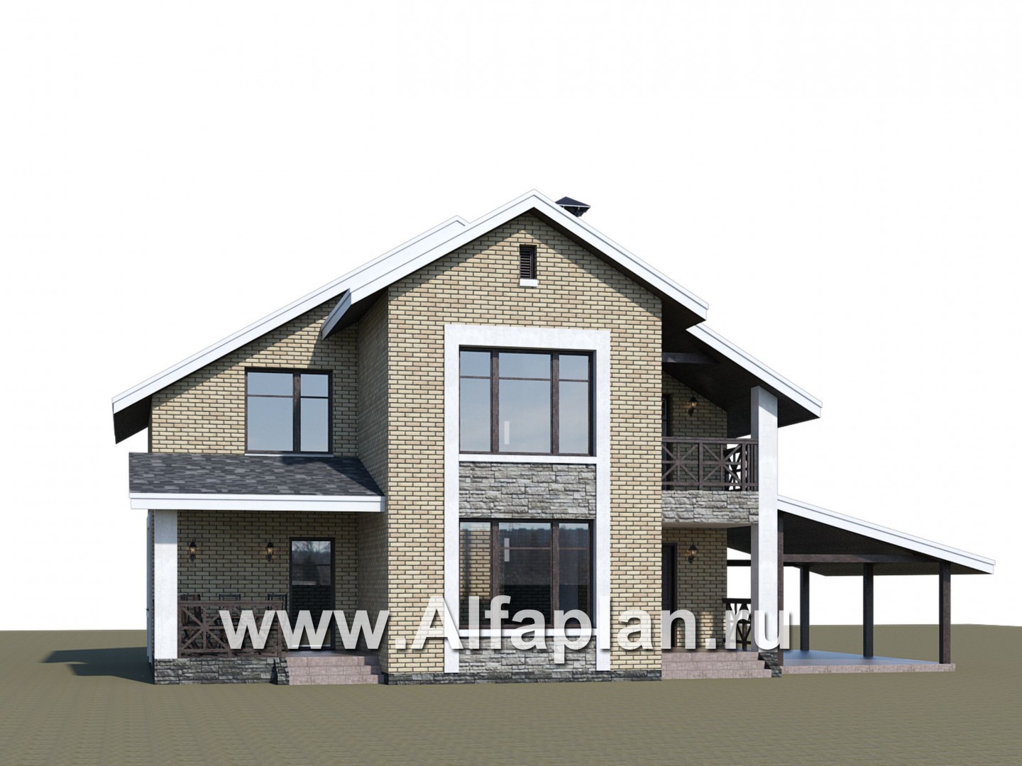 Проекты домов Альфаплан - «Ижора» - проект дома с мансардой, с террасой, навесом для авто, с двускатной кровлей - дополнительное изображение №1