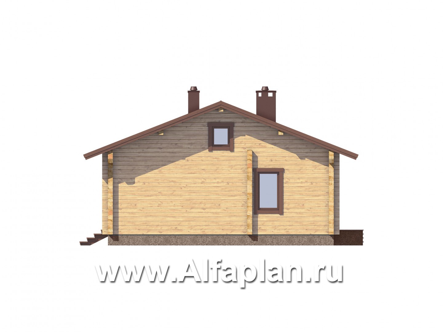 Проект одноэтажного дома из бруса, дача с большой угловой террасой, 2 спальни, с двускатной крышей - фасад дома