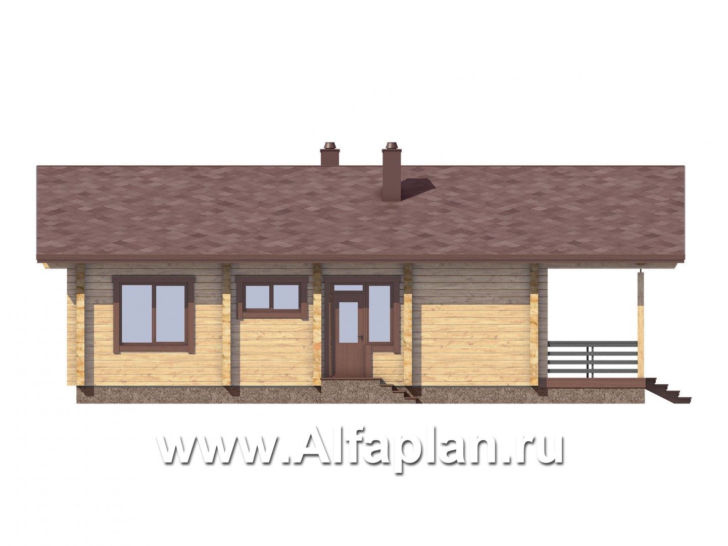 Проект одноэтажного дома из бруса, дача с большой угловой террасой, 2 спальни, с двускатной крышей - фасад дома