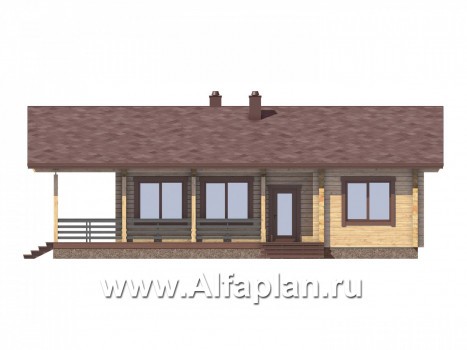 Проект одноэтажного дома из бруса, дача с большой угловой террасой, 2 спальни, с двускатной крышей - превью фасада дома