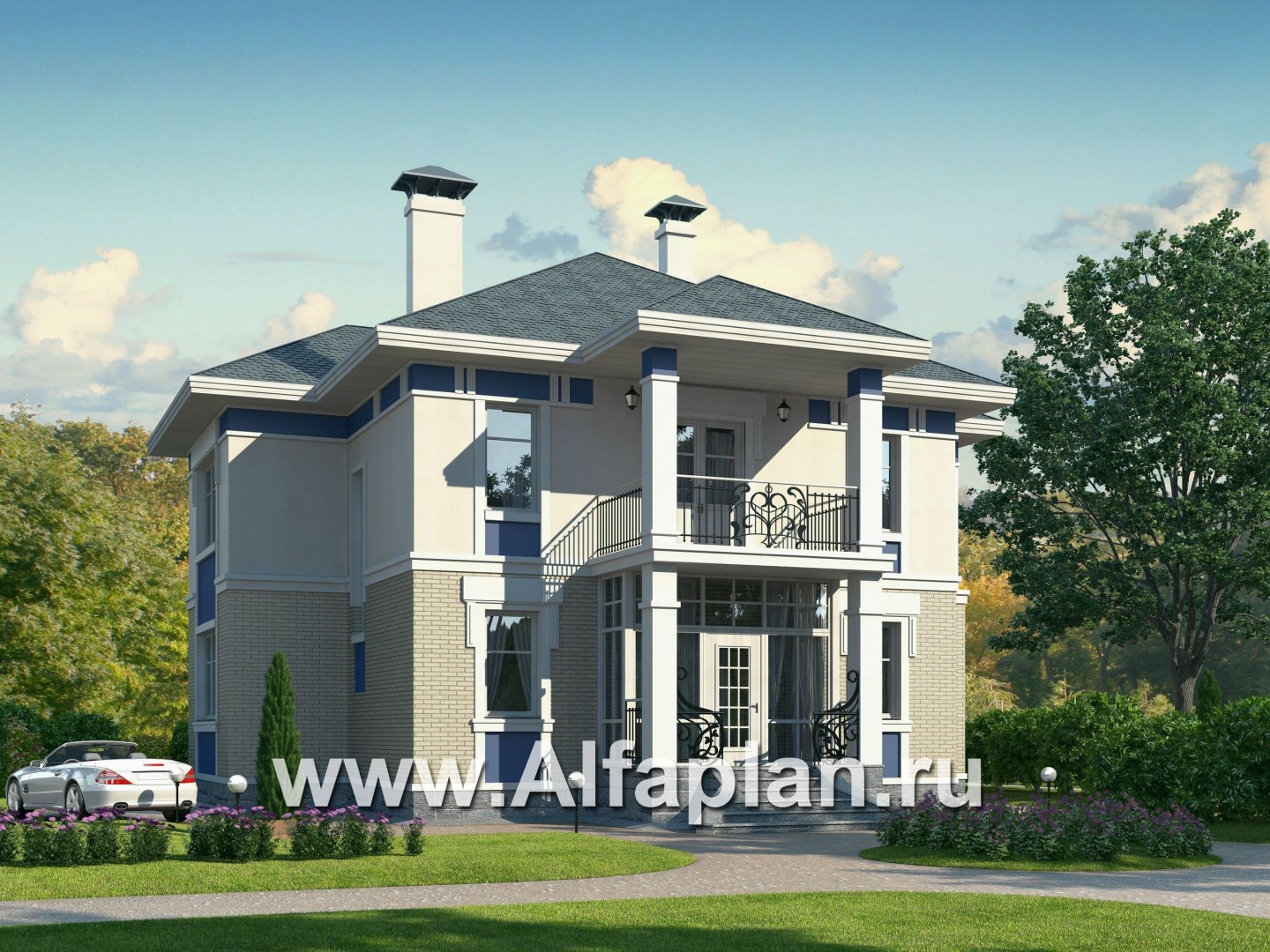 «Аристократ» - проект современного двухэтажного дома с террасой и балконом, в стиле модерн - основное изображение