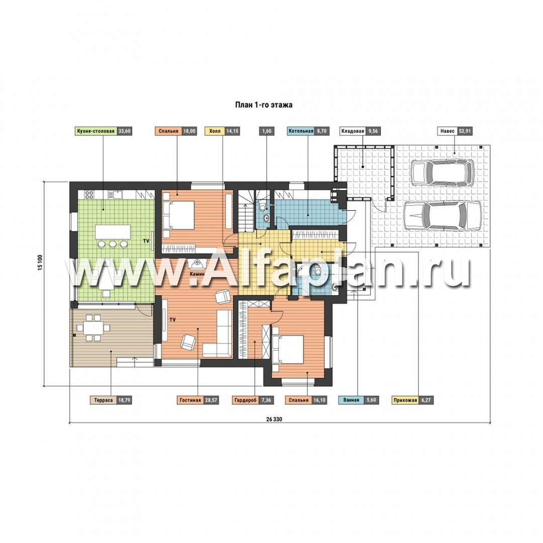 Проекты домов Альфаплан - Загородный дом с двумя спальными на 1-м этаже и навесом для двух авто - план проекта №1