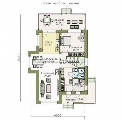 «Борей» - проект двухэтажного дома с террасой, планировка с кабинетом на 1 эт, в современном стиле с односкатной крышей - превью план дома