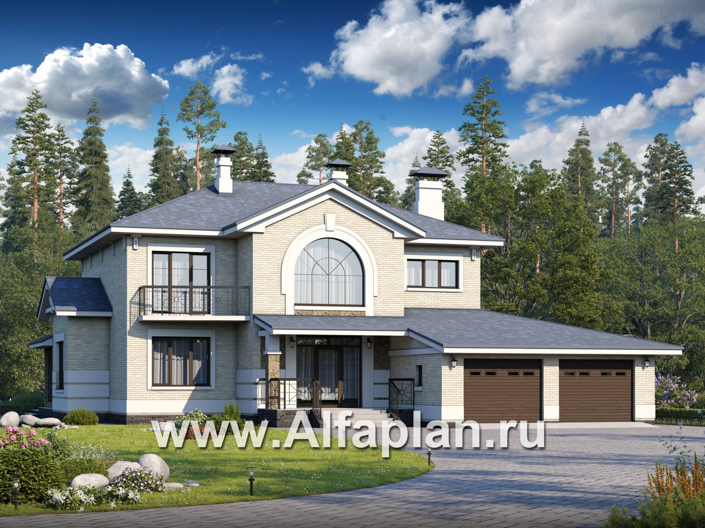 «Аутентик» - проект двухэтажного дома, с двусветным холлом и верандой, арочное окно, гараж на 2 авто, в стиле эклектика - основное изображение