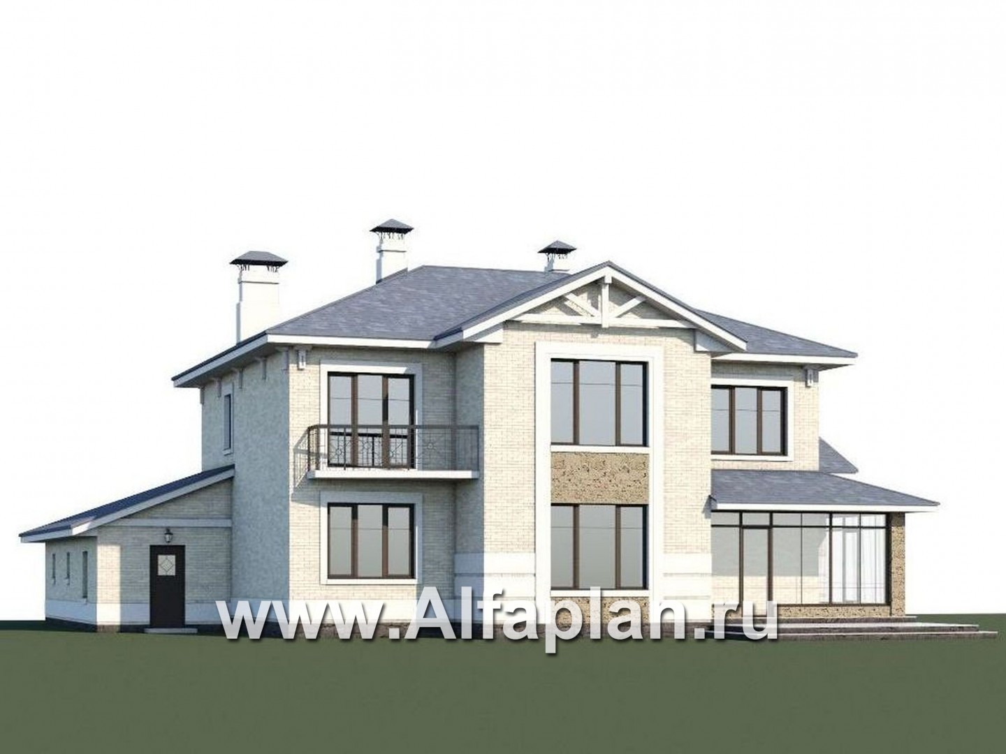 «Аутентик» - проект двухэтажного дома, с двусветным холлом и верандой, арочное окно, гараж на 2 авто, в стиле эклектика - дизайн дома №1