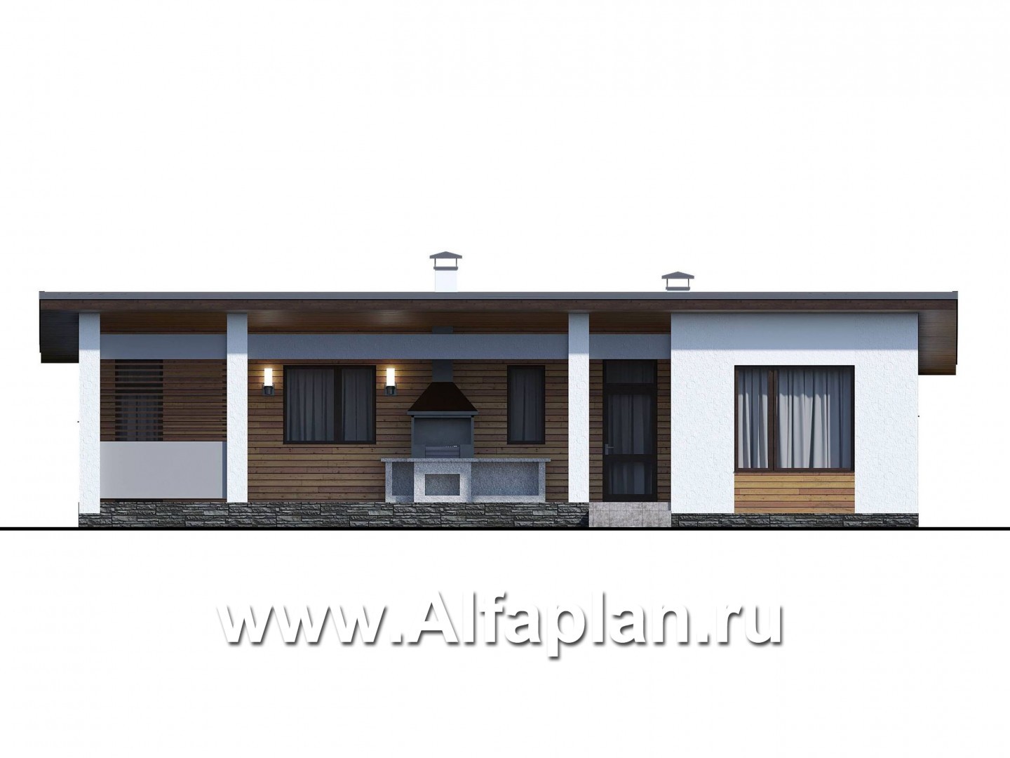 «Эпсилон» - проект одноэтажного дома с сауной, джакузи и барбекью на террасе, в скандинавском стиле - фасад дома