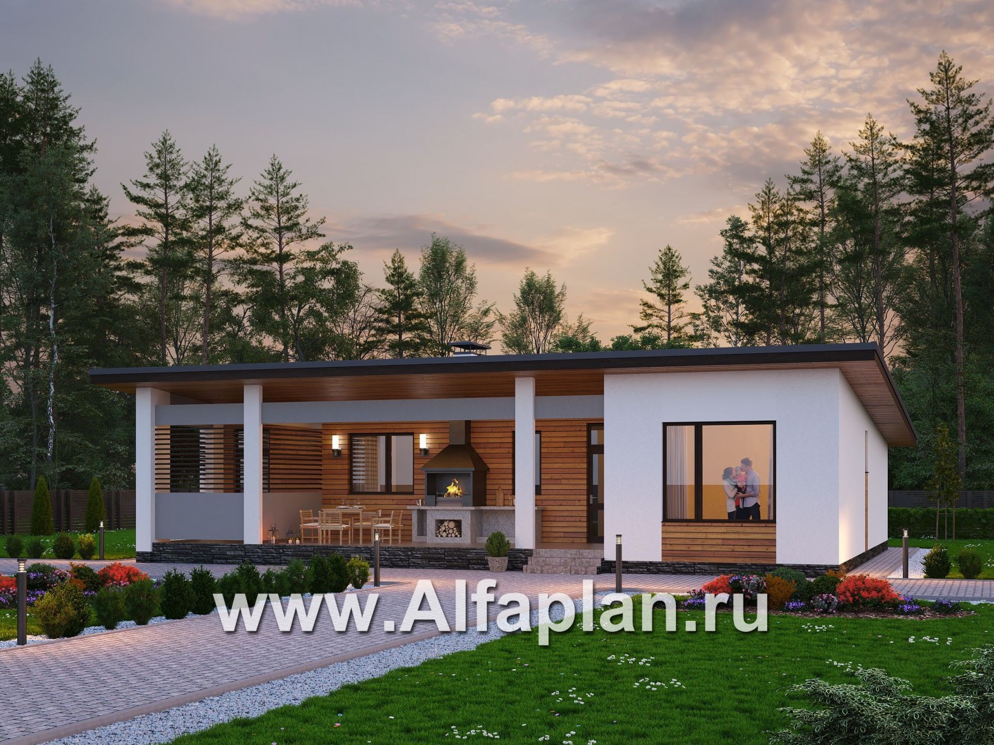 «Эпсилон» - проект одноэтажного дома с сауной, джакузи и барбекью на террасе, в скандинавском стиле - основное изображение