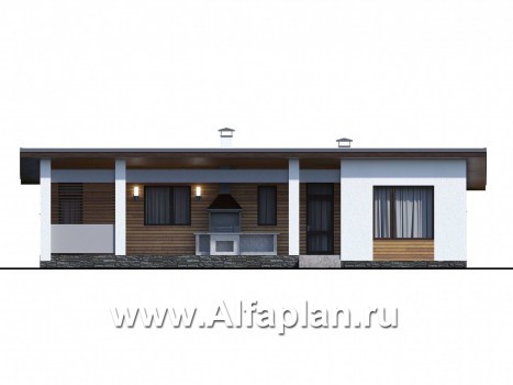 «Эпсилон» - проект одноэтажного дома с сауной, джакузи и барбекью на террасе, в скандинавском стиле - превью фасада дома