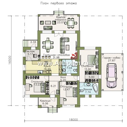 «Витамин» - проект одноэтажного дома, план мастер спальня и терраса, навес на 1 авто, в современном стиле - превью план дома