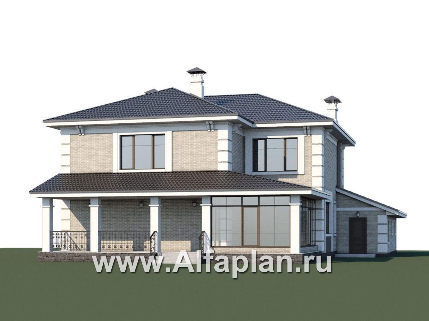 «Орлов» - проект двухэтажного дома из газобетона, с террасой и балконом, планировка с лестницей в центре, с гаражом на 2 авто - дизайн дома №1